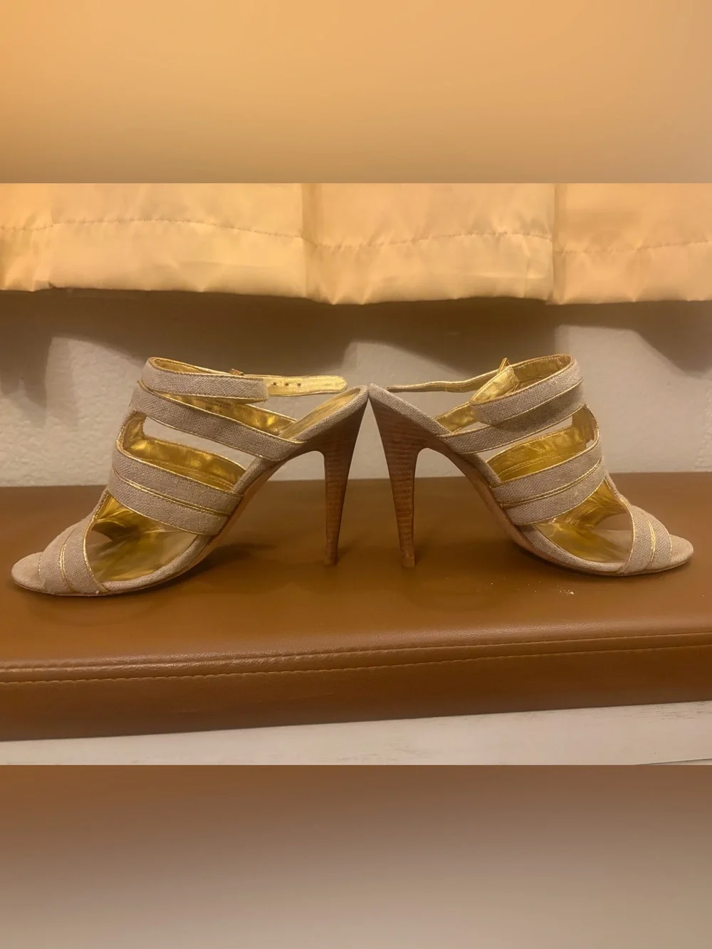 Tory Burch Beige and Gold Strappy Heeled Sandals